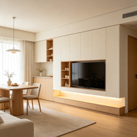 Mueble de TV de Techo a Piso en Blanco Ceniza, Fabricado a Medida, con Plataforma de Roble y LED, Estilo Muji para Sala de Estar, Proyectos Personalizados