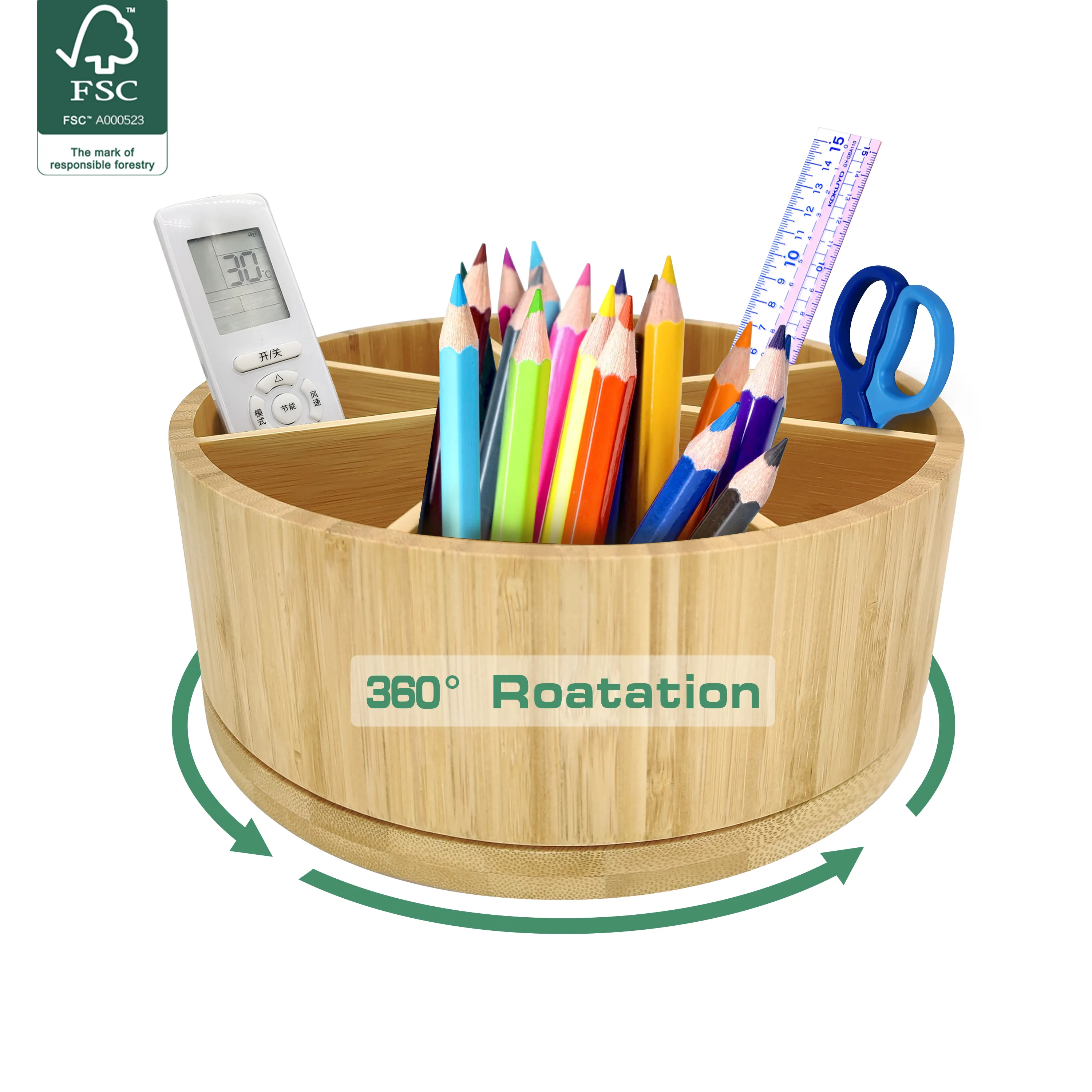 Bamboo Art Supply Organizer, Rotating Pencil Pen Holder with 8 Compartments