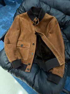 Veste en peau de mouton véritable pour homme, marron, A1, style bomber, doublée de laine, vintage, doublée de polaire, patchwork, automne, décontractée - Product Image 2