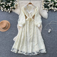 Robe élégante pour femmes WIWT, bleu, dentelle brodée, coupe évasée, col en V, manches longues lanternes, ceinture à nouer, robe midi décontractée pour tous les jours