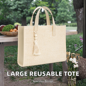 Sacs fourre-tout en lin réutilisables grande capacité pour femmes, doublure polyester, sacs à bandoulière simples tissés à la française avec pompons, vente en gros - Product Image 2
