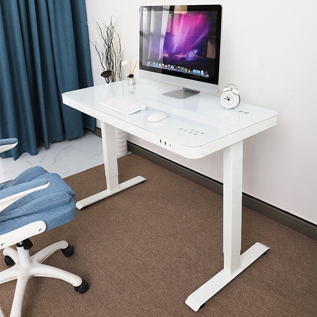 Smart Ergonomic Home Office Electric Height Adjustable Standing Desk with Glass Desktop and Wireless Charging