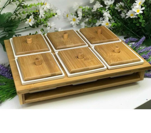 Porcelain Breakfast Set with 6 Stand and Lid <strong>Square</strong> <strong>Dessert</strong> Bowl 6 Grid Ceramic Bowl with Wooden <strong>Tray</strong> OEM - Product Image 3