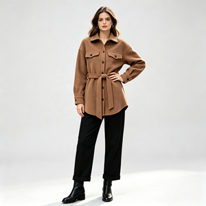 Veste chemise ceinturée pour femme, col à revers, coupe ample, en polyester imitation laine, manteau décontracté automne-hiver, vêtement d'extérieur, OEM ODM personnalisé - Product Image 1