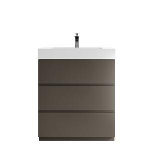 Meuble de salle de bain moderne 30 pouces gris autoportant avec lavabo en céramique blanc et robinet noir mat - Product Image 1