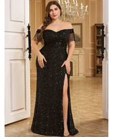 Nouvelles Arrivées Robe de Soirée Grande Taille Femme Épaules Dénudées à Paillettes et Franges avec Fente, Panneau en Maille Brodé, Décolleté Cœur, Noire