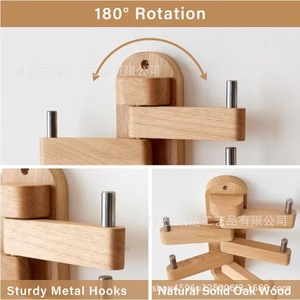 <b>Wooden</b> <b>Coat</b> Rack With Rotating Wall <b>Hooks</b> Wall Mounted Adjustable Multipurpose For Dorm Entryway Dressing Room Bathroom - Product Image 3