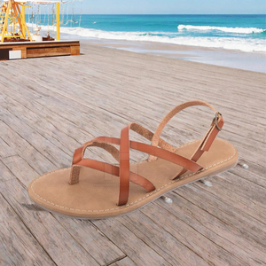 Sandales plates légères pour femmes d'été, nouveau style de vacances à la plage décontracté avec doublure en cuir véritable, semelle intérieure de type extérieur - Product Image 2
