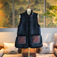 Gilet tendance pour femme, style national, avec fourrure de vison brodée et brocart de soie, doublure en coton, noir, nouveau style chinois 5480