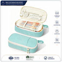 Trousse à crayons multi-compartiments avec poignée, grande capacité, en polyester, couleur unie, fermeture éclair fluide, rangement pour outils cosmétiques, personnalisable OEM, MOQ300