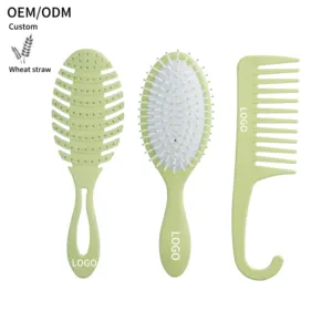 Custom biodegradable Eco-friendly Wheat Straw vent paddle hair bruhs and comb set wide tooth comb for curly hair detangler