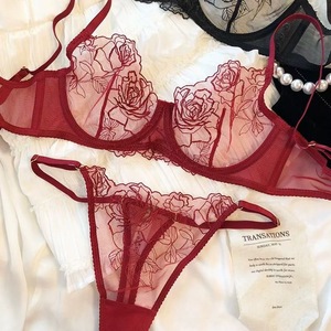 Red Rose Embroidery Lingerie Set Women Underwire Mesh <b>Bra</b> and Thong Set 2 Piece Sexy <b>Sheer</b> Lace Underwear Womens Intimates - Product Image 6