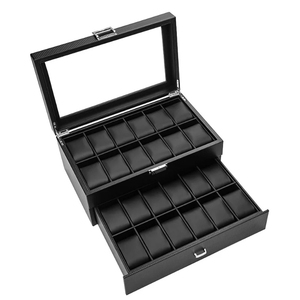 Caja de reloj organizador almacenamiento joyería de lujo doble capa 24 ranuras caja de fibra de carbono PU negro caja de exhibición gabinete de vidrio cuadrado - Product Image 5