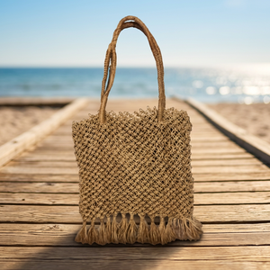 Handwoven Solid Color Jute Tote <b>Bag</b> with Open Closure Crochet <b>Net</b> Design and Tassel Handles for Beach Travel Shopping - Product Image 4
