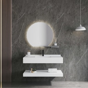 ตู้ห้องน้ำติดผนังแบบลอยตัว ดีไซน์โมเดิร์น ทำจากหินอ่อน/หินชนวน พร้อมอ่างล้างหน้าเดี่ยว/คู่ ชุดอุปกรณ์ห้องน้ำพร้อมกระจก LED เหมาะสำหรับโรงแรม วิลล่า และโรงเรียน - Product Image 1