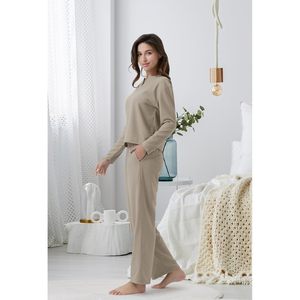 ชุดนอนผ้าวาฟเฟิลโมดอลสำหรับผู้หญิง เสื้อแขนยาวพร้อมกางเกงขายาว เนื้อผ้านุ่มสบาย มีกระเป๋า ระบายอากาศได้ดี ใส่ได้ทุกฤดู สไตล์ลำลอง - Product Image 3