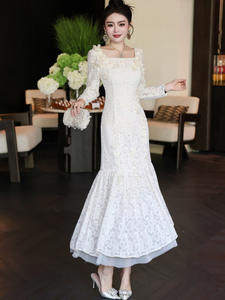 Bettergirl 2025 nuevo Vestido largo de pétalo de perla colgante de <span class=keywords><strong>estambre</strong></span> de crisantemo de encaje de lujo ligero francés - Product Image 3