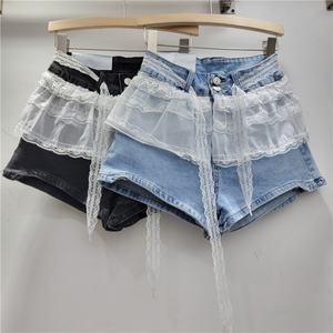 Viviblook Z613PT01 femmes rue Vintage taille haute Patchwork dentelle Denim Shorts pour femmes été a-ligne large jambe Shorts - Product Image 1