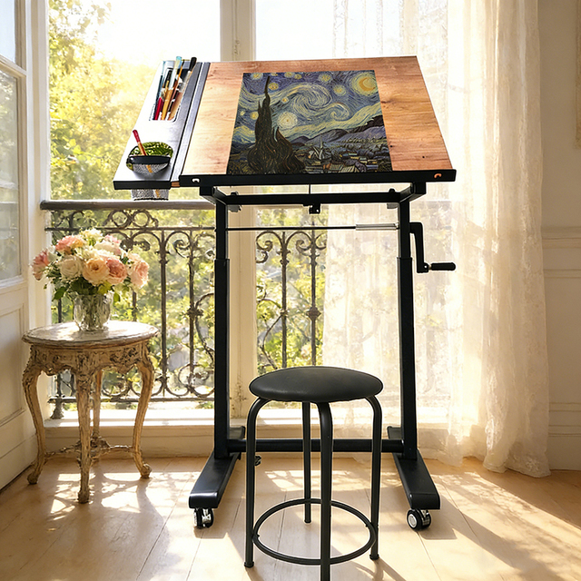 Modern Style Tilting Drafting Table with Hand Crank Adjustment & Rolling Casters for Contemporary Painting Studio