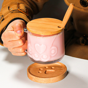 Kawaii 400ml patte de <span class=keywords><strong>chat</strong></span> résistant à la chaleur dessin animé tasses à café <span class=keywords><strong>tasse</strong></span> avec couvercle cuillère bureau à domicile <span class=keywords><strong>tasse</strong></span> <span class=keywords><strong>transparente</strong></span> thé lait jus <span class=keywords><strong>tasse</strong></span> - Product Image 2
