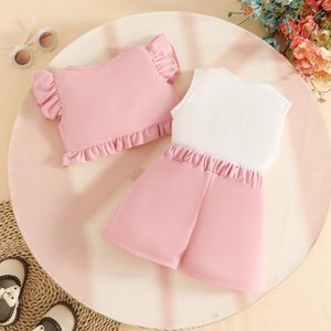 Ensemble d'été mignon et tendance pour <span class=keywords><strong>fille</strong></span> de 0 à 3 <span class=keywords><strong>ans</strong></span> : <span class=keywords><strong>Manteau</strong></span> court sans manches à volants couleur unie + Gilet + Short fleuri, Taille 3T personnalisée - Product Image 6