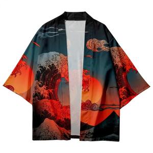 Kimono traditionnel japonais pour hommes et femmes, Streetwear, Yukata, Kanagawa, Cardigan japonais imprimé soleil rouge, Cosplay Haori samouraï - Product Image 2