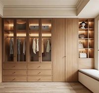 Système de dressing moderne sur mesure en bois, armoire intégrée avec coiffeuse et éclairage LED