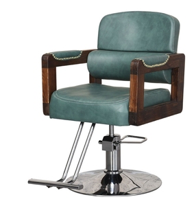 Modern Hydraulic Barber <b>Chair</b> With Wooden Armrest - Stylish Salon Styling <b>Chair</b> With Comfortable <b>Green</b> Leather Cushion - Product Image 1