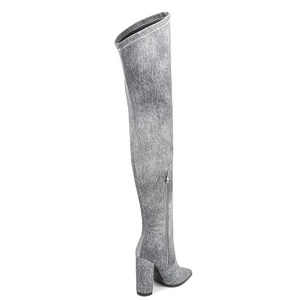 Women Over Knee High <b>Boots</b> Denim Upper Thigh High Side Zip Long Booties Large Size 47 for Wide Leg Jeans Chunky Heels Shoes - Product Image 4