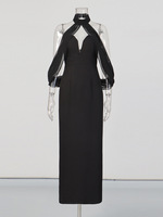 Robe longue décontractée à manches longues et taille empire, style socialite sexy, nouvelle collection été 2026, col halter, dos nu, en gaze, coupe ajustée