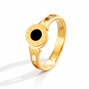 Gold and Black Round Disc <b>Ring</b> with <b>Roman</b> <b>Numeral</b> Style Halo and Sculpted Clear Accent Shoulders - Product Image 1