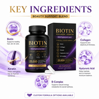 Capsules de biotine, collagène, kératine, acide hyaluronique et complexe B pour la santé des cheveux, de la peau et des ongles, pour hommes et femmes, 25000 mcg, 60 unités, OEM, marque privée