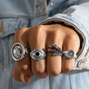 4pcs/set Vintage Silver Knuckle Hip Hop Punk Ring Bulky Boho Skull Finger Rings Set For Men