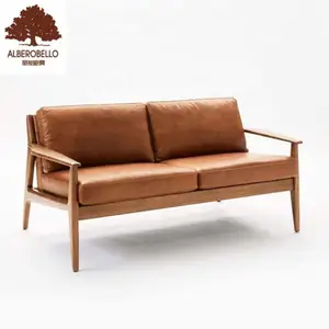 Оптовая продажа, кресло в европейском стиле с деревянным каркасом, двухместное домашнее кожаное кресло для дивана