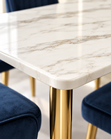 Table à manger rectangulaire moderne de luxe écologique Rikkasi CYY-001 avec plateau en marbre naturel, 6 places, finition or champagne en acier inoxydable
