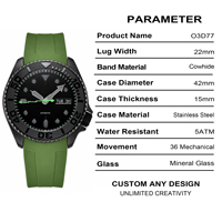 Montre de plongée automatique pour homme avec bracelet en cuir vert personnalisé, boîtier en acier inoxydable noir mat 42 mm, 22 mm, lumineuse, 50 m