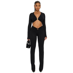 Nouvel ensemble deux pièces sexy pour <span class=keywords><strong>femme</strong></span> 2026 : haut à manches longues orné de métal et pantalon taille haute <span class=keywords><strong>moulant</strong></span> - Product Image 5