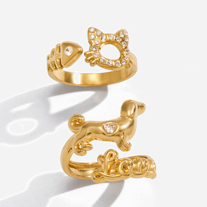 Animal Shape Gold Plated Zircon <b>Cat</b> And Dog <b>Ring</b> Unisex Jewelry Gift - Product Image 1