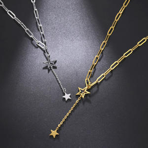 Klasik tasarım kore yıldız uzun Y şekli kolye paslanmaz çelik 2 yıldız Paperclip zincir kadın kolye - Product Image 1