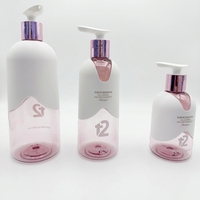 Bouteille de shampoing et de lotion ronde rose brillante personnalisée avec logo imprimé en soie, 300 ml, 500 ml, grand col, pompe électro-plaquée pour lotion corporelle