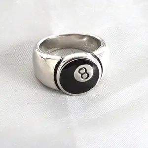 2023 Trendy Cute Bright New Custom Simple Round Style Stainless Steel Chunky Snooker Black 8 Ball Enamel Ring