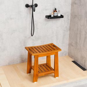 Wooden Two Tier Bathroom Stool With <b>Storage</b> Shelf For Shower And <b>Bath</b> Use - Product Image 1