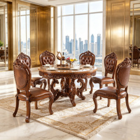 Europäisches Massivholz Rundes Esszimmer-Set Handgeschnitzte PU-Leder Stühle Vintage Königliche Esszimmermöbel Großhandel