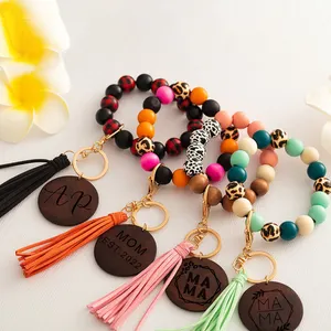 Cadeau pour enseignant, monogramme disque vierge gland porte-clés bracelets léopard perles en bois extensible bracelet porte-clés