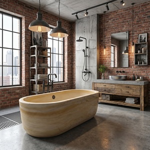 อ่างอาบน้ำทรงวงรีสั่งทำพิเศษสุดหรูหราทันสมัย ลายไม้สีเหลืองหินอ่อน แบบลอยตัว สำหรับแช่ตัวในห้องน้ำ วิลล่า โรงแรม บ้าน - Product Image 5