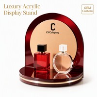 Expositor de Perfumes de Acrílico Borgoña de Lujo con Base de Espejo y Detalles Dorados, para Cosméticos y Joyería, Tienda Minorista, OEM, LED