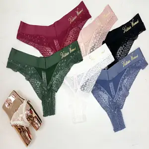 Whole sales and OEM Golden letter lace panties women sexy underwear transparent mesh thong V shaped waist women's panties