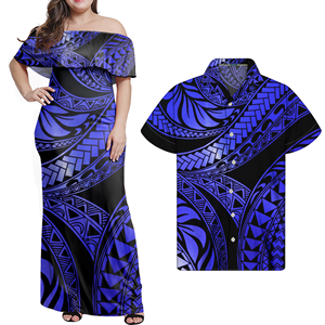 Blauwe Paar Kleding Set Dames Western Paar Kleding Polynesische Tribal Design Vrouwen Off Shoulder Jurken Bijpassende Mannen Shirt - Product Image 1