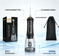 Hydropulseur sans fil portable, irrigateur buccal dentaire, 5 modes, 300 ml, appareil de nettoyage des dents avec pochette de voyage, 5 embouts