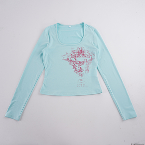 Y2K Vintage Graphic Print <b>Long</b> <b>Sleeve</b> T‑Shirt Women U‑Neck Slim Fit Cropped <b>Top</b> Stretchy Soft Knit Casual Ladies Pullover <b>Tops</b> - Product Image 6